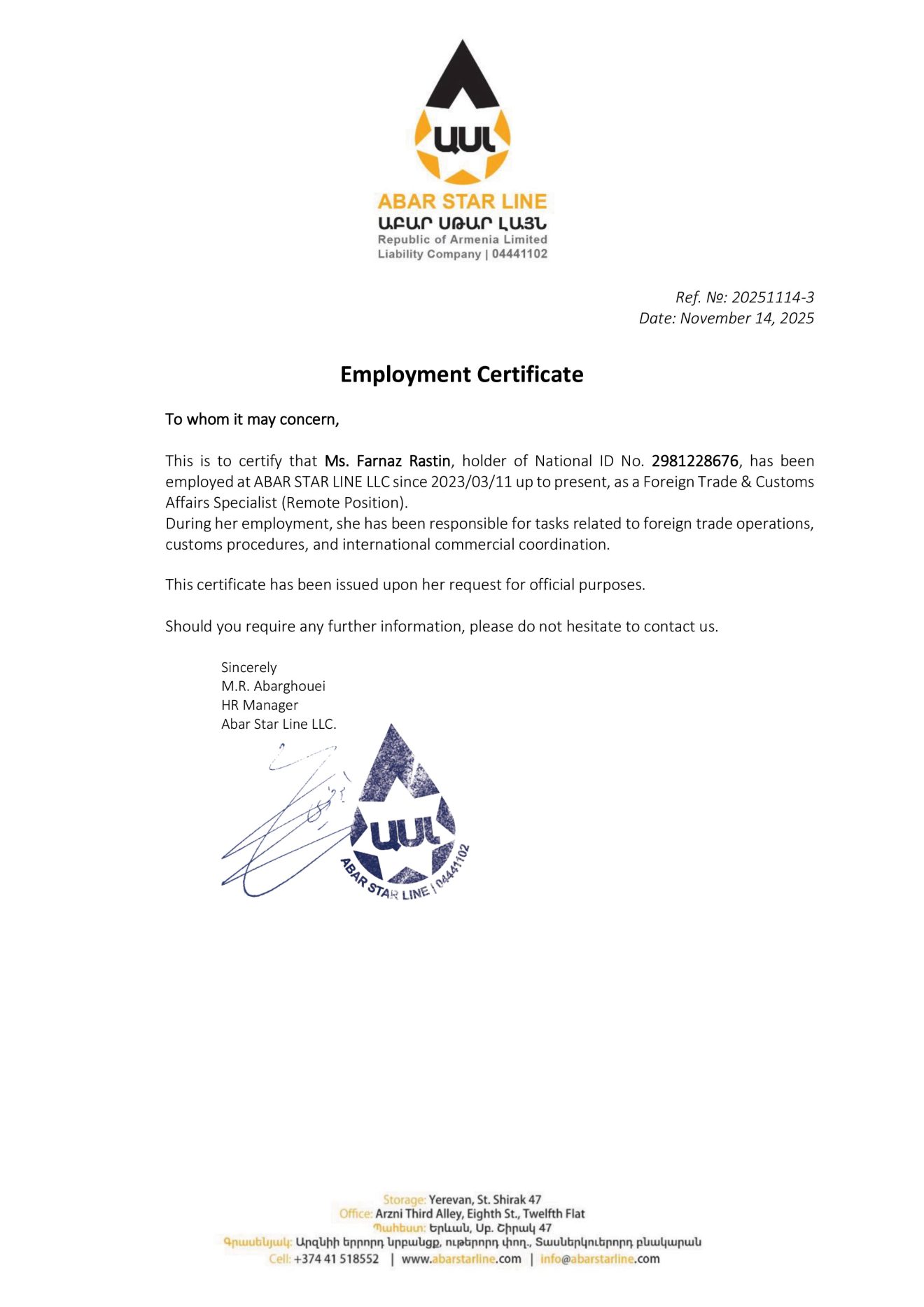 Employment Certificate – Abar Star Line LLC.